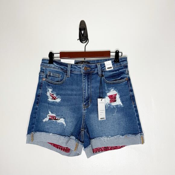 Judy Blue Pants - Judy Blue High Waist Distressed Red Bandana Denim Jean Shorts Women’s Large NWT